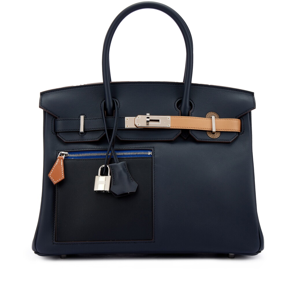 View full screen - View 1 of Lot 9697. Limited Edition Bleu Marine, Black, Chai, Gold, and Etoupe Swift Colormatic Birkin 30 Palladium Hardware, 2022.