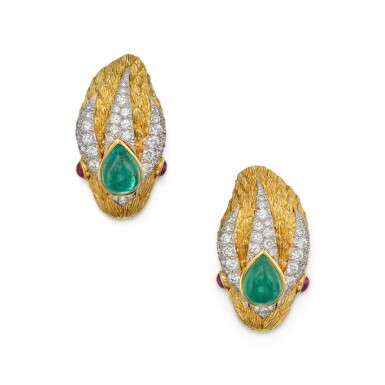View full screen - View 1 of Lot 464. Pair of Gold, Emerald, Ruby and Diamond Earclips.