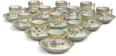 View full screen - View 1 of Lot 163. THIRTEEN ROYAL COPENHAGEN 'FLORA DANICA' COFFEE CANS AND TWELVE SAUCERS, MODERN.