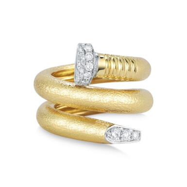 View full screen - View 1 of Lot 2. 18 Karat Gold, Platinum and Diamond 'Nail' Ring.