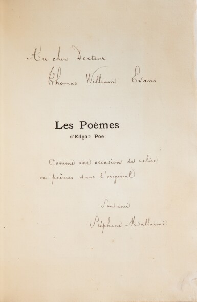 View full screen - View 1 of Lot 140. Les Poèmes d’Edgar Poe. Bruxelles, Edmond Deman, 1888. Exemplaire nominatif, offert par l'auteur au Dr. Evans, l'amant de Méry Laurent..