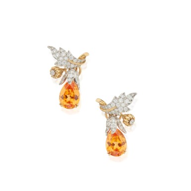 View full screen - View 1 of Lot 77. Schlumberger for Tiffany & Co. | Pair of Spessartine Garnet and Diamond Earclips.