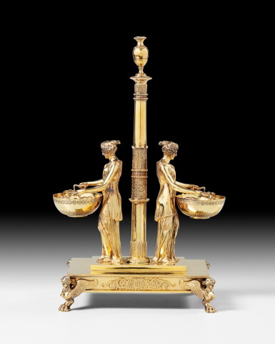 View full screen - View 1 of Lot 47. An important French silver-gilt double salt-cellars, Odiot (Boulanger Successeur), Paris, 1906-1956, of Branicki pattern | Importante salière double en vermeil par Odiot (Boulanger Successeur) Paris, 1906-1956, sur le modèle Branicki.
