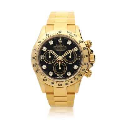 View full screen - View 1 of Lot 54. ROLEX | REFERENCE 116528 DAYTONA A YELLOW GOLD AND DIAMOND-SET AUTOMATIC CHRONOGRAPH WRISTWATCH WITH BRACELET, CIRCA 2016.