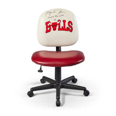 View full screen - View 1 of Lot 74. Michael Jordan Signed & Inscribed Chicago Bulls Locker Room Chair | Attributed Usage to Michael Jordan by Upper Deck Authenticated.