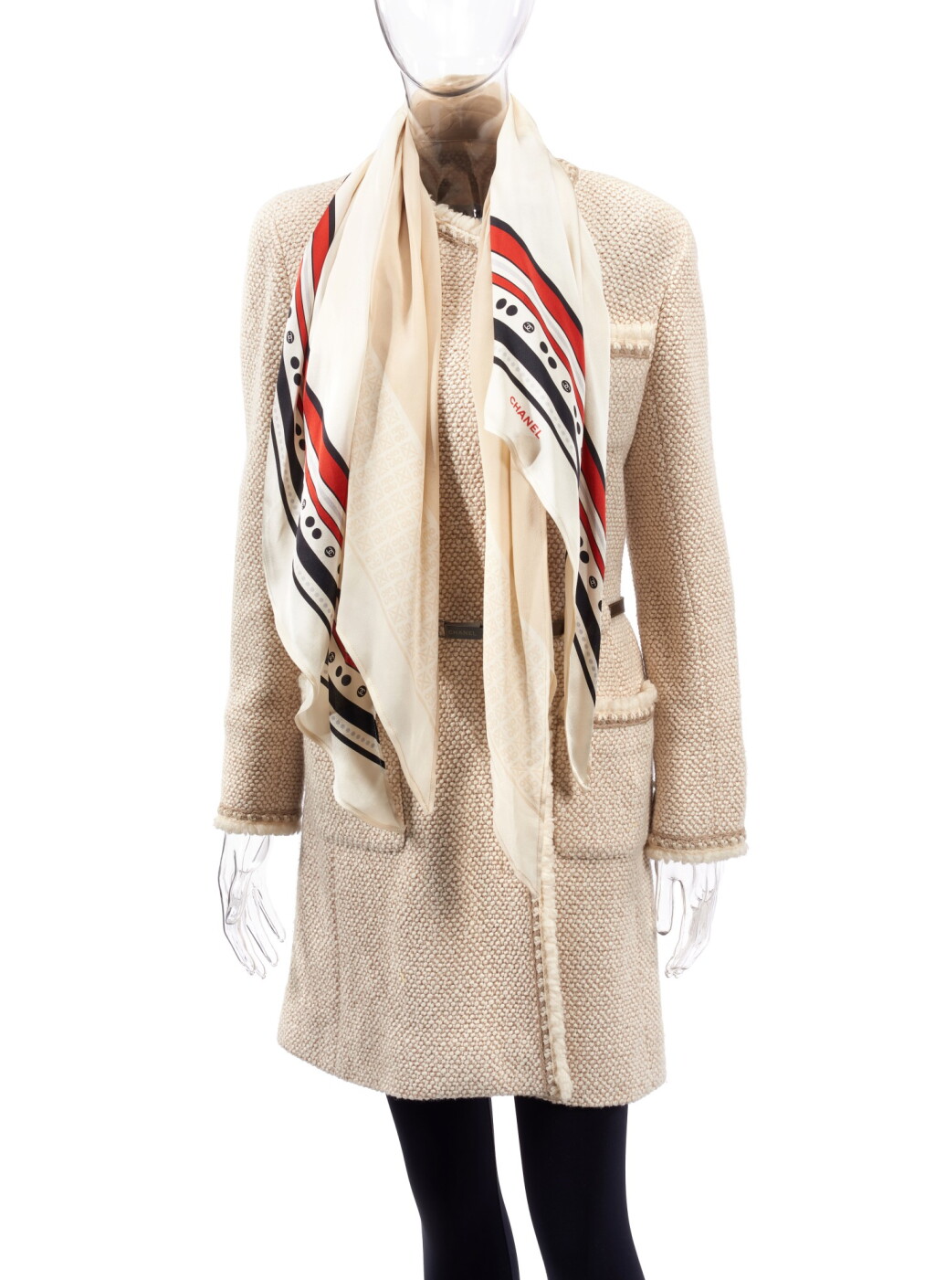 View full screen - View 1 of Lot 61. A CREAM WOOL-BLEND COAT AND TWO FOULARDS, CHANEL.