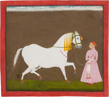 View full screen - View 1 of Lot 102. A prized white stallion and groom, India, Mewar, circa 1760.