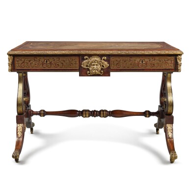 View full screen - View 1 of Lot 94. A Regency Gilt Bronze-Mounted and Engraved-Inlaid Rosewood Writing Table, in the Manner of Louis Le Gaigneur, Circa 1820.