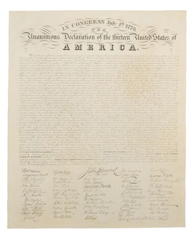 View full screen - View 1 of Lot 62. Declaration of Independence | Among the rarest broadside printings of the Declaration.