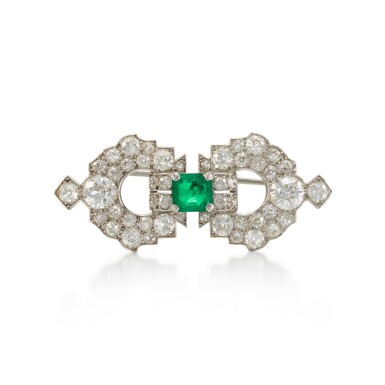 View full screen - View 1 of Lot 108. Emerald and diamond brooch, circa 1925.