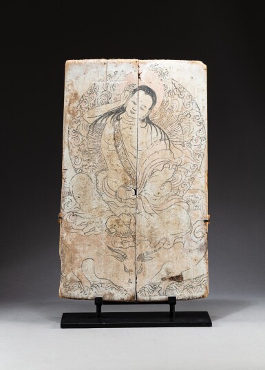 View full screen - View 1 of Lot 62. A painted wood panel depicting Milarepa Tibet, 18th century | 西藏 十八世紀 密勒日巴造像 彩繪木板.