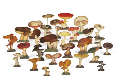 View full screen - View 1 of Lot 17. A group of twenty-eight South European tôle peint metal mushrooms and toadstools ornaments, circa 1860 | Lot de ving-huit champignons en tôle peinte, travail d'Europe du sud, vers 1860.