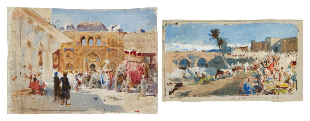 View full screen - View 1 of Lot 78. Study for the Arrival of Prince Humbert, the Rajah, at the Palace of Amber; Study for the City of Morocco - Market (A Pair).