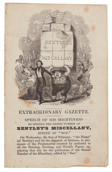 View full screen - View 1 of Lot 38. Dickens, The Extraordinary Gazette, 1837, Bentley's Miscellany, separately issued smaller size format.