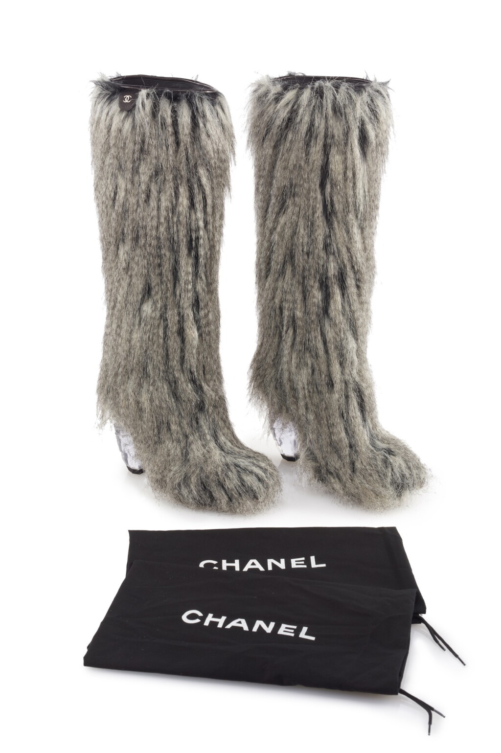 View full screen - View 1 of Lot 45. PAIR OF FAUX FUR MÉLANGE HEEL BOOTS, CHANEL.