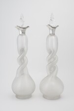 A PAIR OF VICTORIAN SILVER-MOUNTED GLASS DECANTERS | JOHN THOMAS HEATH & JOHN HARTSHORNE MIDDLETON, BIRMINGHAM | 1891