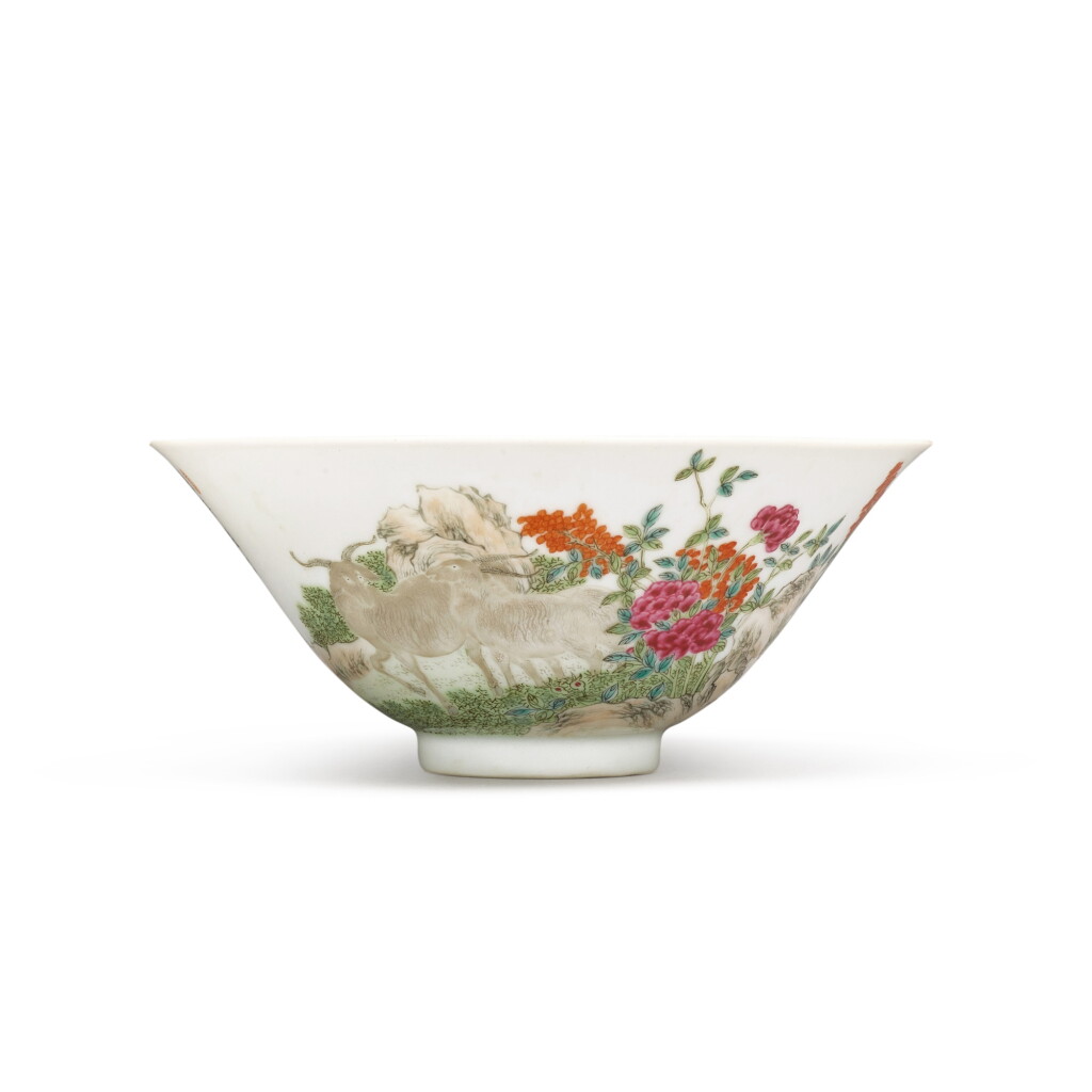 View full screen - View 1 of Lot 719. A famille-rose 'three rams' conical bowl, Seal mark and period of Daoguang | 清道光 粉彩三羊開泰詩文笠式盌 《大清道光年製》款.