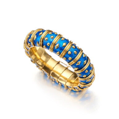 View full screen - View 1 of Lot 216. Gold and Enamel 'Dot Losange' Bangle-Bracelet, France.