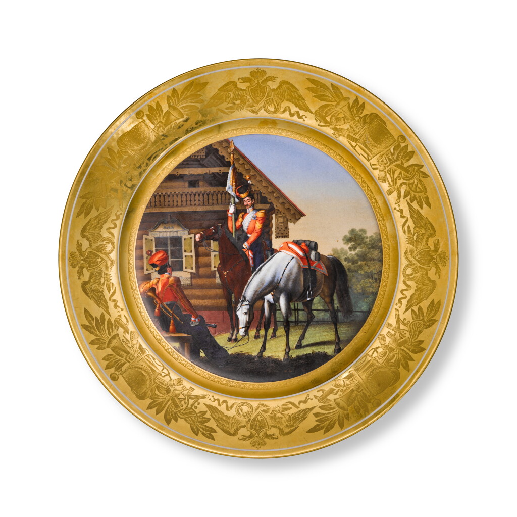 View full screen - View 1 of Lot 209. Standard Bearer and Trumpeter of the Don Cossack Life-Guard Regiment: a military porcelain plate, Imperial Porcelain Manufactory, St Petersburg, period of Nicholas I, 1832.