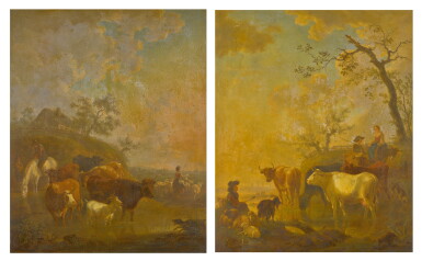 View full screen - View 1 of Lot 161. JEAN BAPTISTE DE ROY | A PAIR OF PASTORAL LANDSCAPES WITH SHEPHERDS AND CATTLE WATERING.