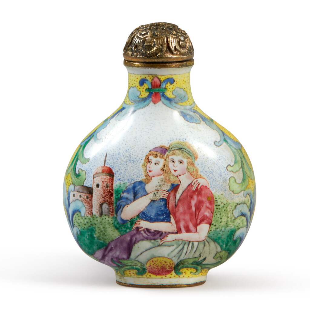 View full screen - View 1 of Lot 959. A CANTON ENAMEL 'EUROPEAN SUBJECT' OVOID SNUFF BOTTLE, QIANLONG MARK AND PERIOD.