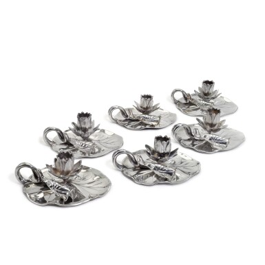 View full screen - View 1 of Lot 71. A set of six Victorian silver novelty 'Lily' chambersticks, R. & S. Garrard & Co London, 1854 and 1863.