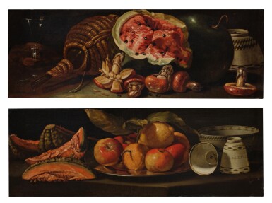 View full screen - View 1 of Lot 576. Still life with a wine glass, open cask, watermelon, and mushrooms; Still life with slices of melon, apples, a lemon, and ceramicware.