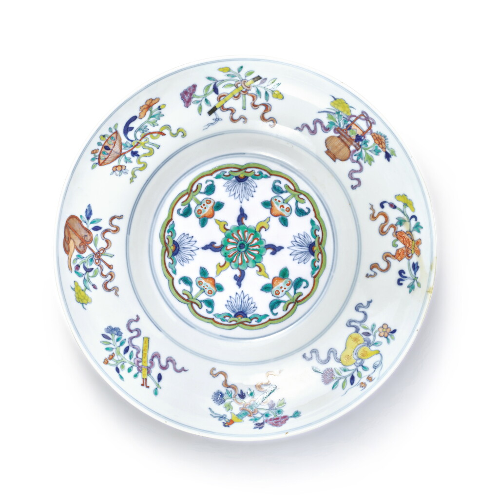 View full screen - View 1 of Lot 834. A doucai 'Eight Daoist Emblems' ogee dish, Mark and period of Guangxu | 清光緒 鬥彩暗八仙紋折腰盤《大清光緒年製》款.