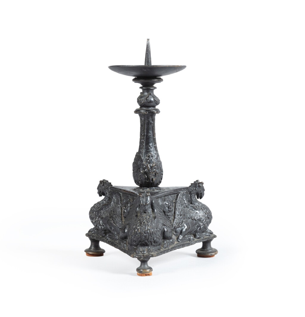 View full screen - View 1 of Lot 30. A dark brown patina bronze candlestick, Venetian style in the 16th century | Bougeoir en bronze à patine brun foncé, dans le style vénitien du XVIe siècle.
