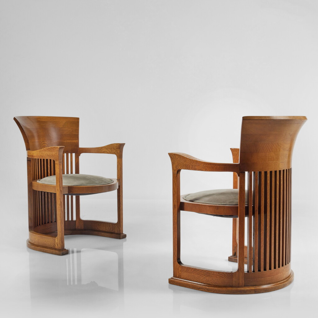 View full screen - View 1 of Lot 222. An Important Pair of Spindle Barrel Armchairs from the Darwin D. Martin House, Buffalo, New York.