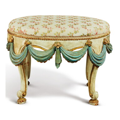 View full screen - View 1 of Lot 914. AN ITALIAN ROCOCO STYLE PAINTED AND PARCEL GILT STOOL, FIRST HALF 20TH CENTURY.