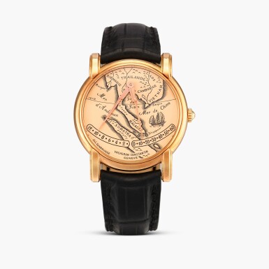 View full screen - View 1 of Lot 2281. Mercator, Reference 43050 | A limited edition yellow gold retrograde wristwatch with the map of South-East Asia, Circa 1999.