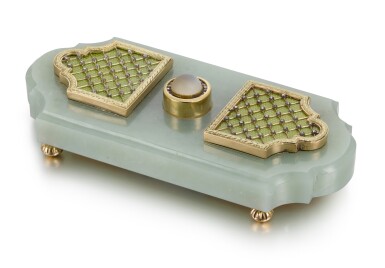 View full screen - View 1 of Lot 37. A Fabergé gold-mounted and guilloché enamel bowenite bell push, workmaster Michael Perchin, St Petersburg, 1899-1903.