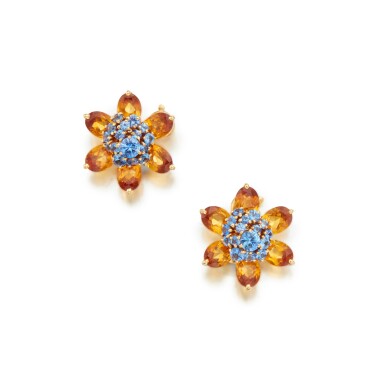 View full screen - View 1 of Lot 65. Pair of Citrine and Sapphire 'Hawaii' Earclips, France.