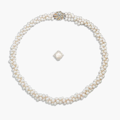 View full screen - View 1 of Lot 1488. Cultured Pearl and Diamond Necklace and a Ring | 養殖珍珠 配 鑽石 項鏈 及 戒指.