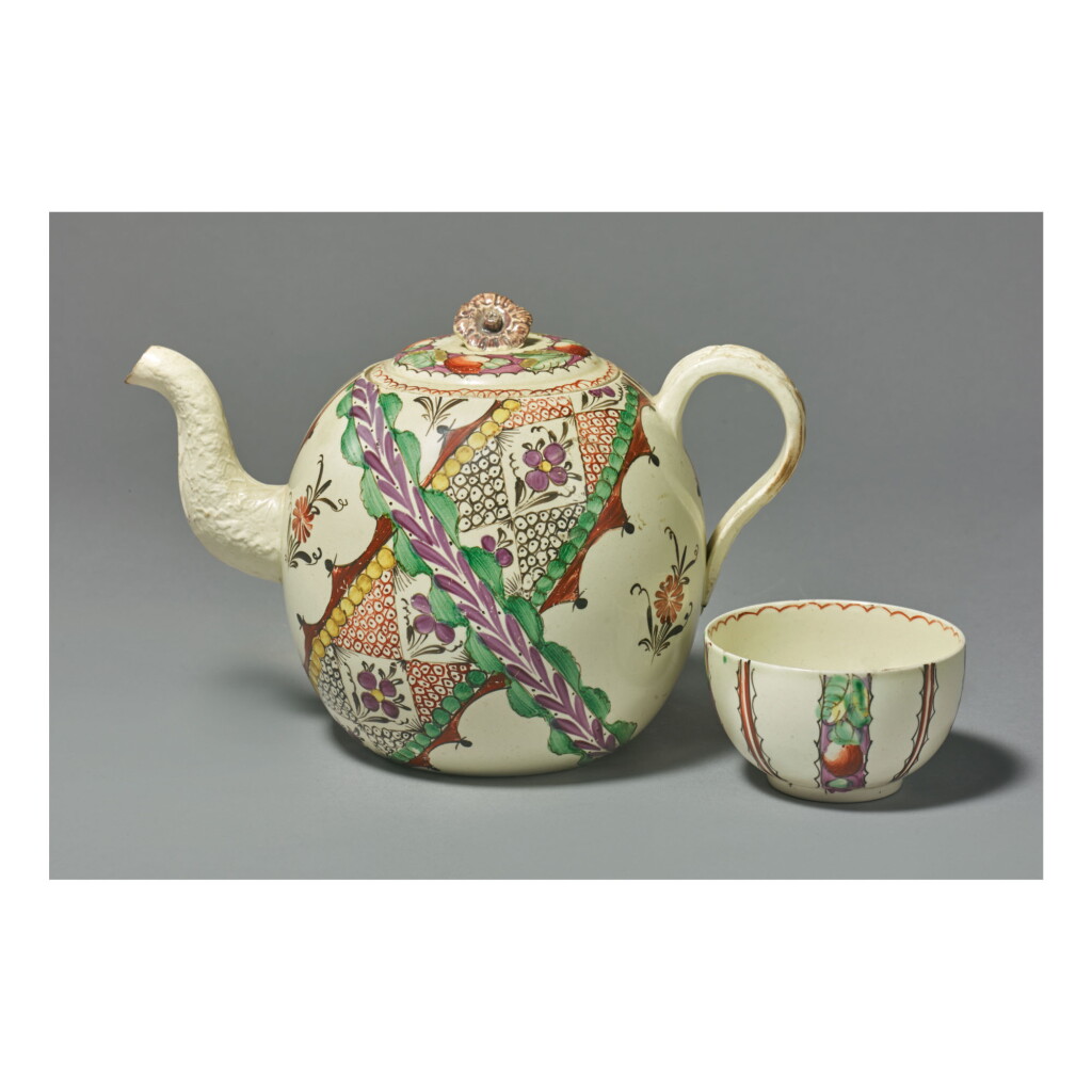 View full screen - View 1 of Lot 46. AN ENGLISH CREAMWARE 'CHINTZ' PATTERN TEAPOT AND A COVER AND A TEABOWL, PROBABLY WEDGWOOD CIRCA 1768 .