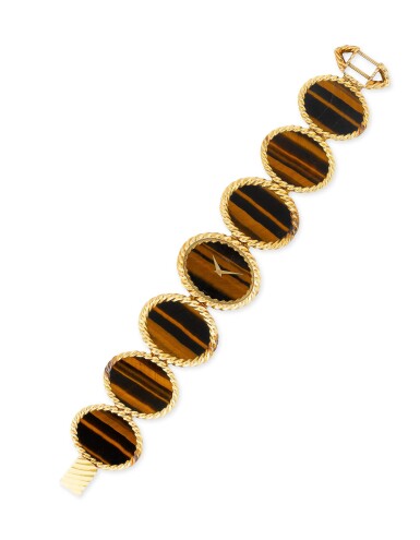 View full screen - View 1 of Lot 117. Montre bracelet de dame oeil-de-tigre, ref. 9855 | Lady's tiger-eye bracelet watch, ref. 9855.