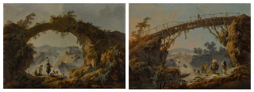 View full screen - View 1 of Lot 39. A landscape with shepherds beneath an imaginary stone arch; A landscape with travelers beneath an old wooden bridge.