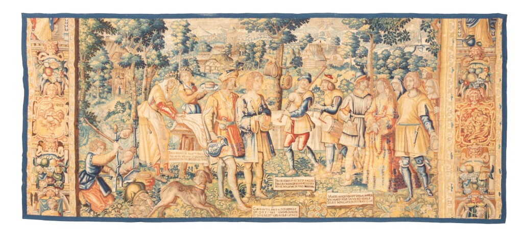 View full screen - View 1 of Lot 63. The wedding procession, a Flemish tapestry, Bruges, second half 17th century from the series Gombaut and Macée | Le Cortège Nuptial, tapisserie des Flandres, Bruges, seconde moitié du XVIIe siècle, provenant de la Tenture des Amours de Gombaut et Macée.