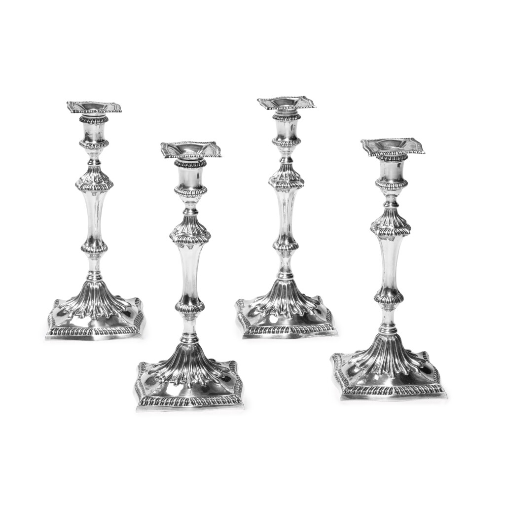 View full screen - View 1 of Lot 376. Four Matching George III Silver Candlesticks, John Carter II, London, 1770 (3) and 1775 (1).
