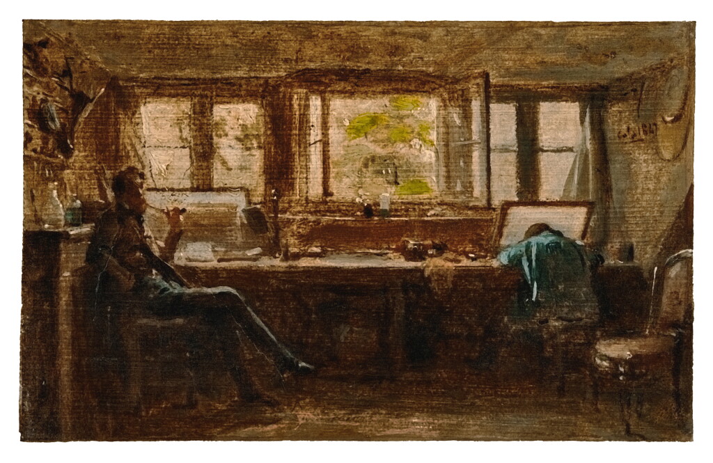 Voir en plein écran - Voir 1 du lot 198. The artist in his studio, seated smoking a pipe.