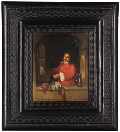 View full screen - View 1 of Lot 100. AFTER GABRIEL METSU | Portrait of a huntsman in a red jacket at a window, raising his wine glass, a hunting horn and pigeon on the window sill before him.