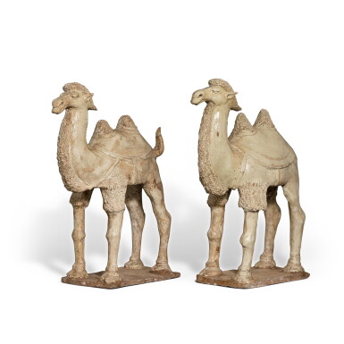 View full screen - View 1 of Lot 65. A pair of straw-glazed pottery camels, Tang dynasty | 唐 白釉駱駝一對.