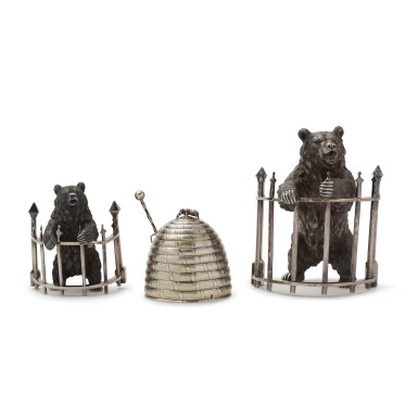 View full screen - View 1 of Lot 1212. Two Silver-Plated Bear-Form Inkwells, Circa 1900 and An English Silver Honey Pot and Spoon, 1996.
