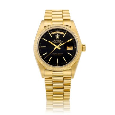 View full screen - View 1 of Lot 2114. Day-Date, Reference 1803 | A yellow gold wristwatch with day, date, gilt dial and bracelet, Circa 1975 | 勞力士 | Day-Date 型號1803 | 黃金鏈帶腕錶,備日期及星期顯示,約1975年製.