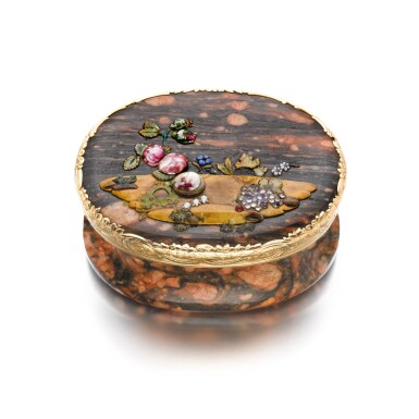 View full screen - View 1 of Lot 8. A gold-mounted hardstone snuff box, probably Berlin, circa 1760, with later elements,.