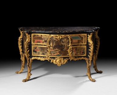 View full screen - View 1 of Lot 38. An early Louis XV gilt-bronze mounted Chinese lacquer commode, circa 1735, attributed to Antoine-Robert Gaudreaus | Grande commode "à palmes" en laque de Chine et bronze doré du début de l'époque Louis XV, vers 1735, attribuée à Antoine-Robert Gaudreaus.