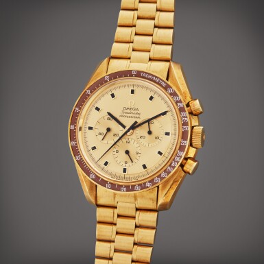 View full screen - View 1 of Lot 104. Reference 145.022-69 Speedmaster Apollo XIII | An important limited edition yellow gold chronograph wristwatch with bracelet and engraved caseback, Presented to Apollo 13 Command Module Pilot John "Jack" Swigert Jr., Made in 1970.