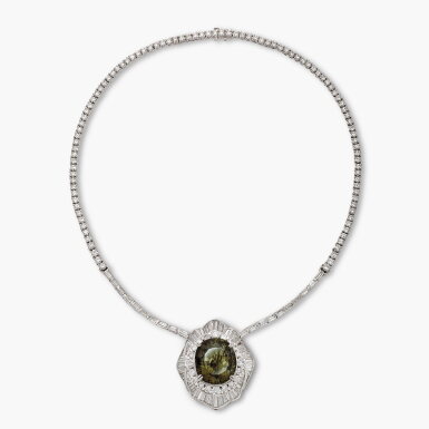 View full screen - View 1 of Lot 1268. Alexandrite and Diamond Pendent Necklace | 38.17克拉 亞歷山大變色石 配 鑽石 項鏈.