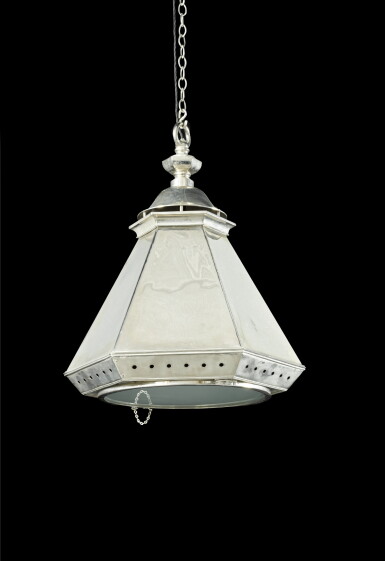 View full screen - View 1 of Lot 146. A pair of hexagonal chromium plated brass hanging lanterns from Smithfield Market, early 20th century.